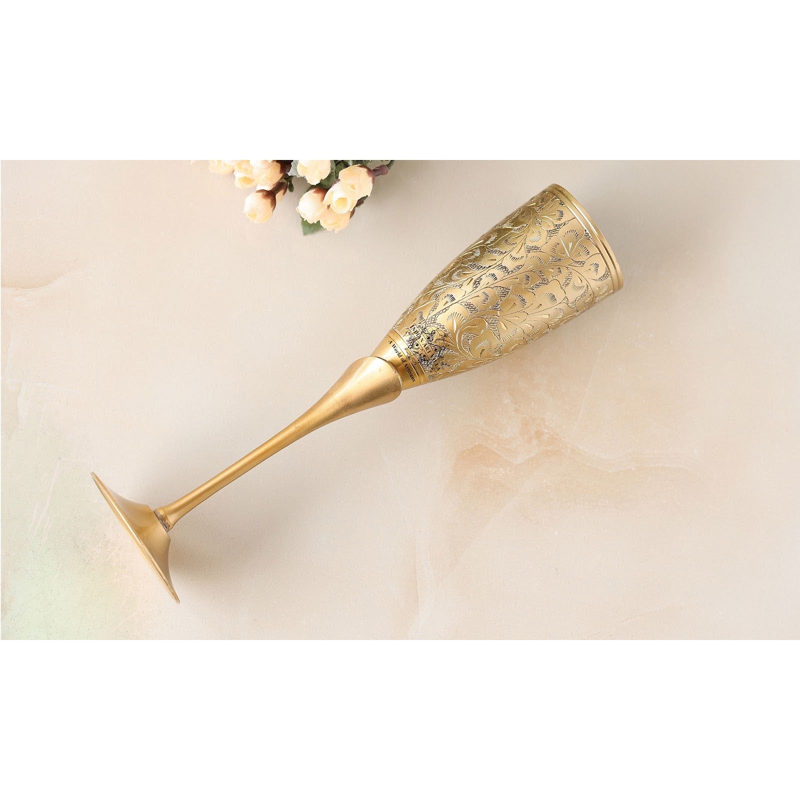 Handcrafted Pure Brass Embossed Design Flute Champagne Glass, Barware, Drinkware - 170 ML
